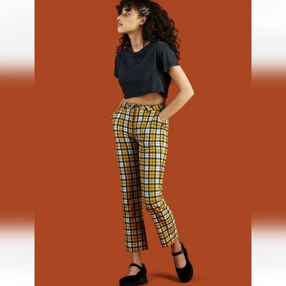 Unif Yellow & White Dawson Plaid High Waisted Cropped Straight Cotton Pants 24 - Picture 2 of 9